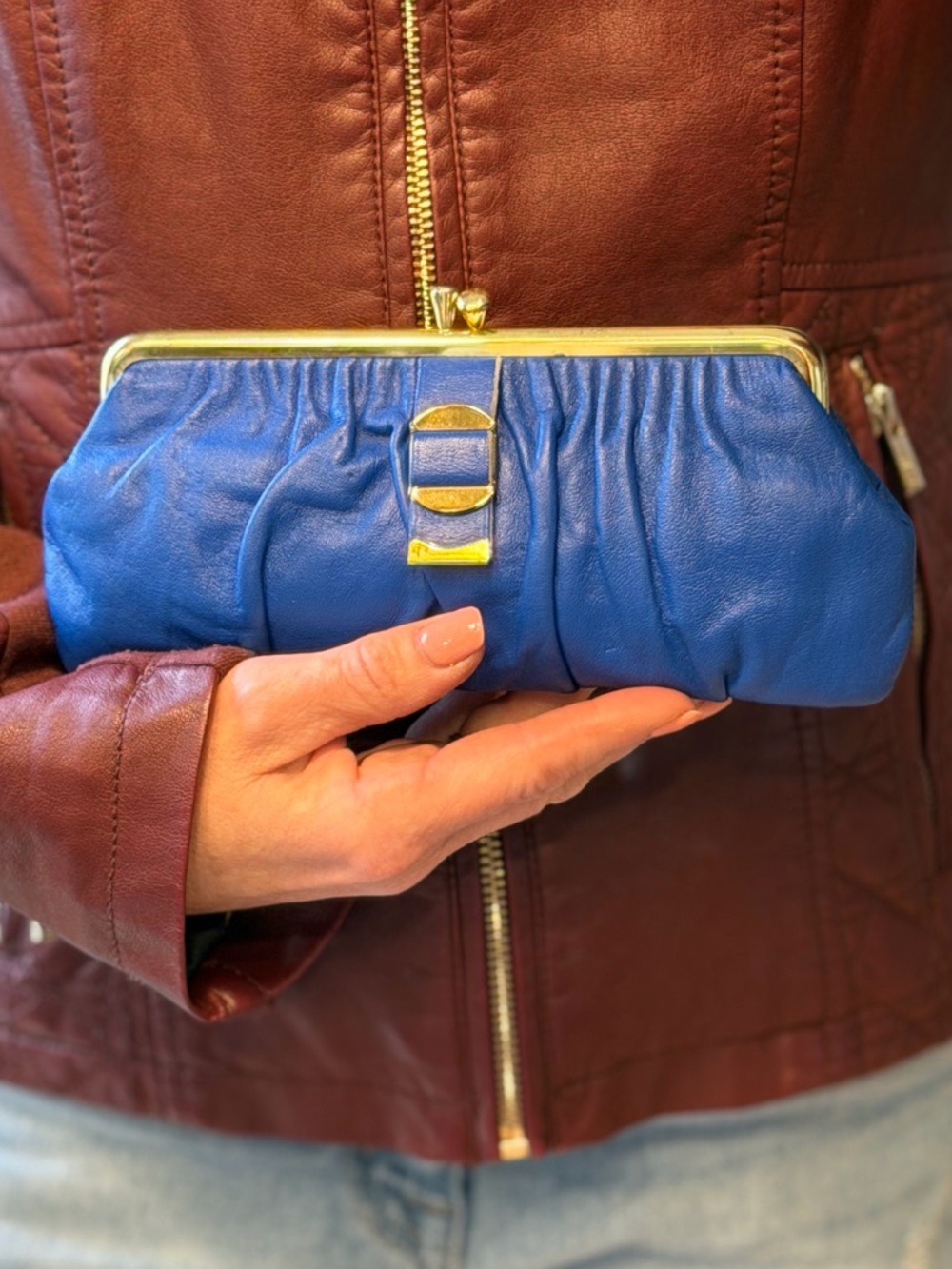Vintage Old Money Cobalt Blue Persian Lamb Kiss Lock Clutch (VGUC)